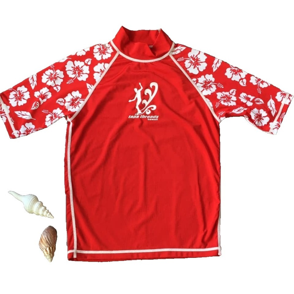 Y2K Rash Guard Swim Suit Surf Top M Short Sleeve Hibiscus Flower Floral Hawaiian